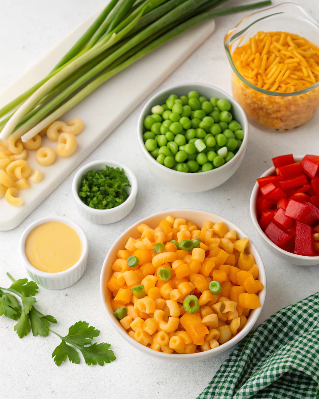 Fresh ingredients for cheddar and macaroni salad including macaroni pasta, sharp cheddar cheese, bell peppers, celery, and creamy dressing components arranged on a clean kitchen counter