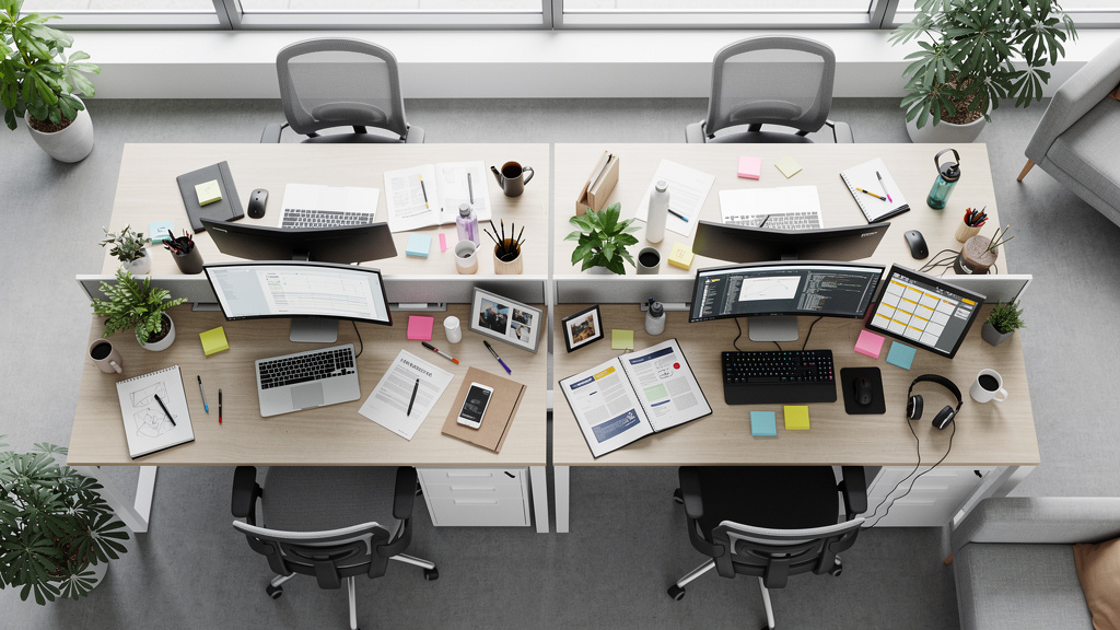 Diverse professional workspaces in modern office environment