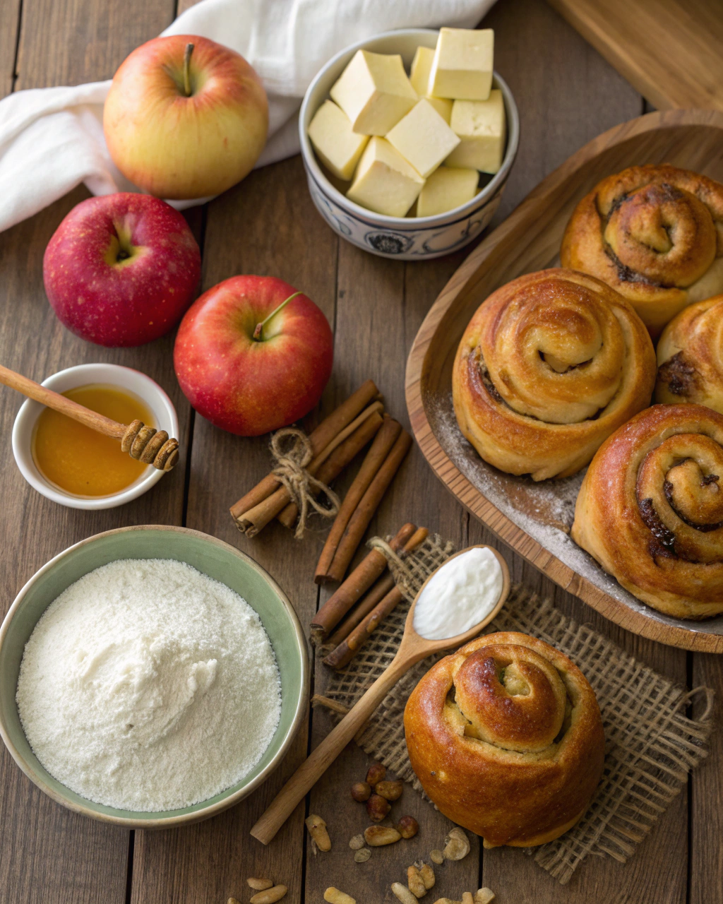 Fresh ingredients for brioche cinnamon rolls with apples including flour, butter, apples, cinnamon, and eggs arranged on a marble countertop