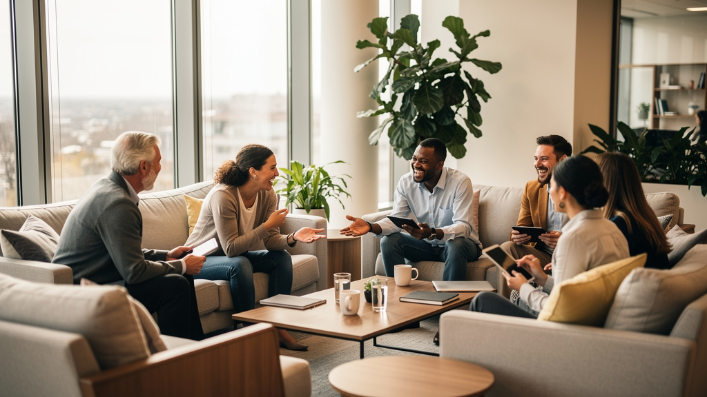 Employees collaborating in casual workplace community setting
