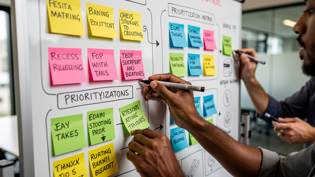 Hands organizing strategic priorities on workshop board