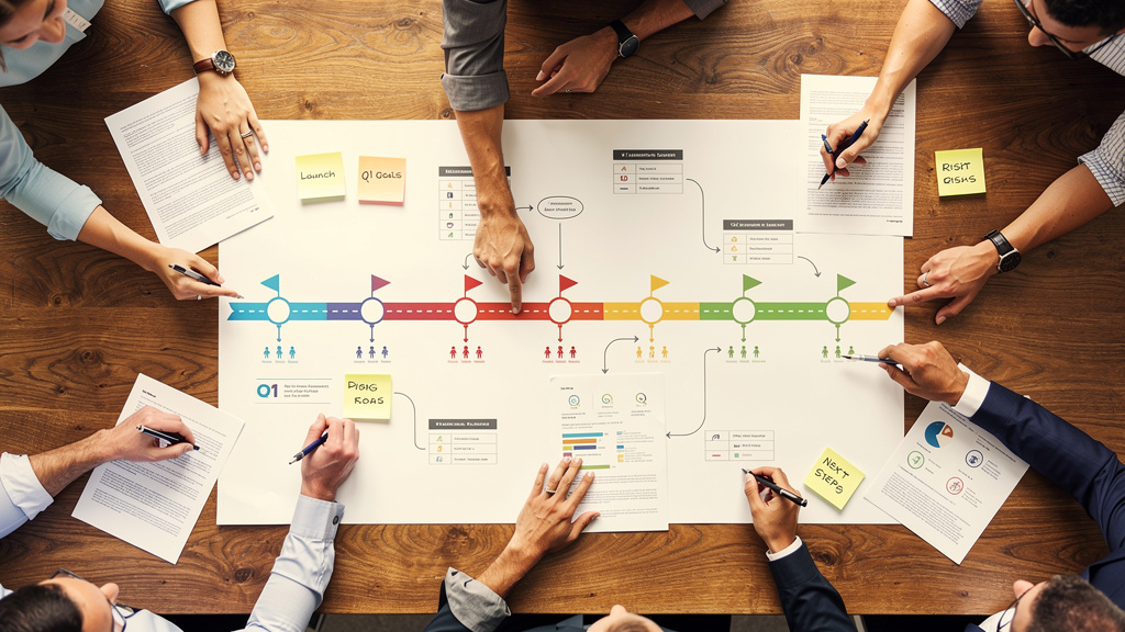 Team developing strategic AI implementation roadmap