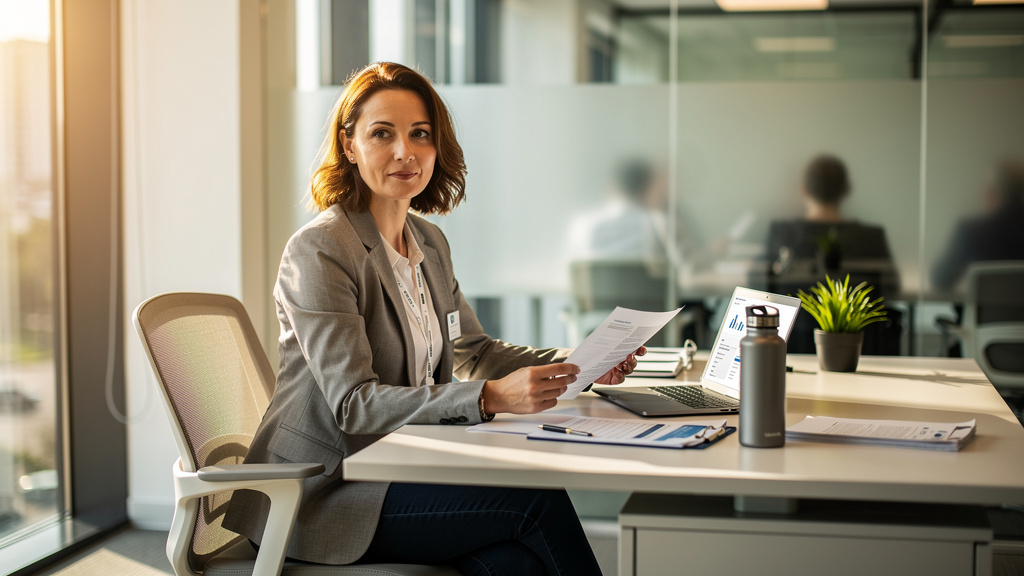 Professional woman reviewing documents at organized workspace