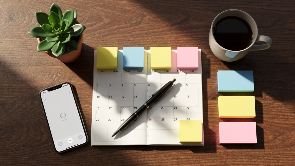 Organized monthly planning calendar on wooden desk