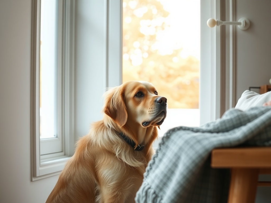 혼자 남겨져 창밖을 보며 슬픈 표정으로 주인을 기다리는 강아지