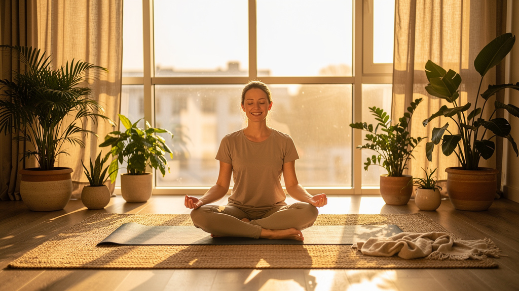 Person meditating peacefully in sunlit room