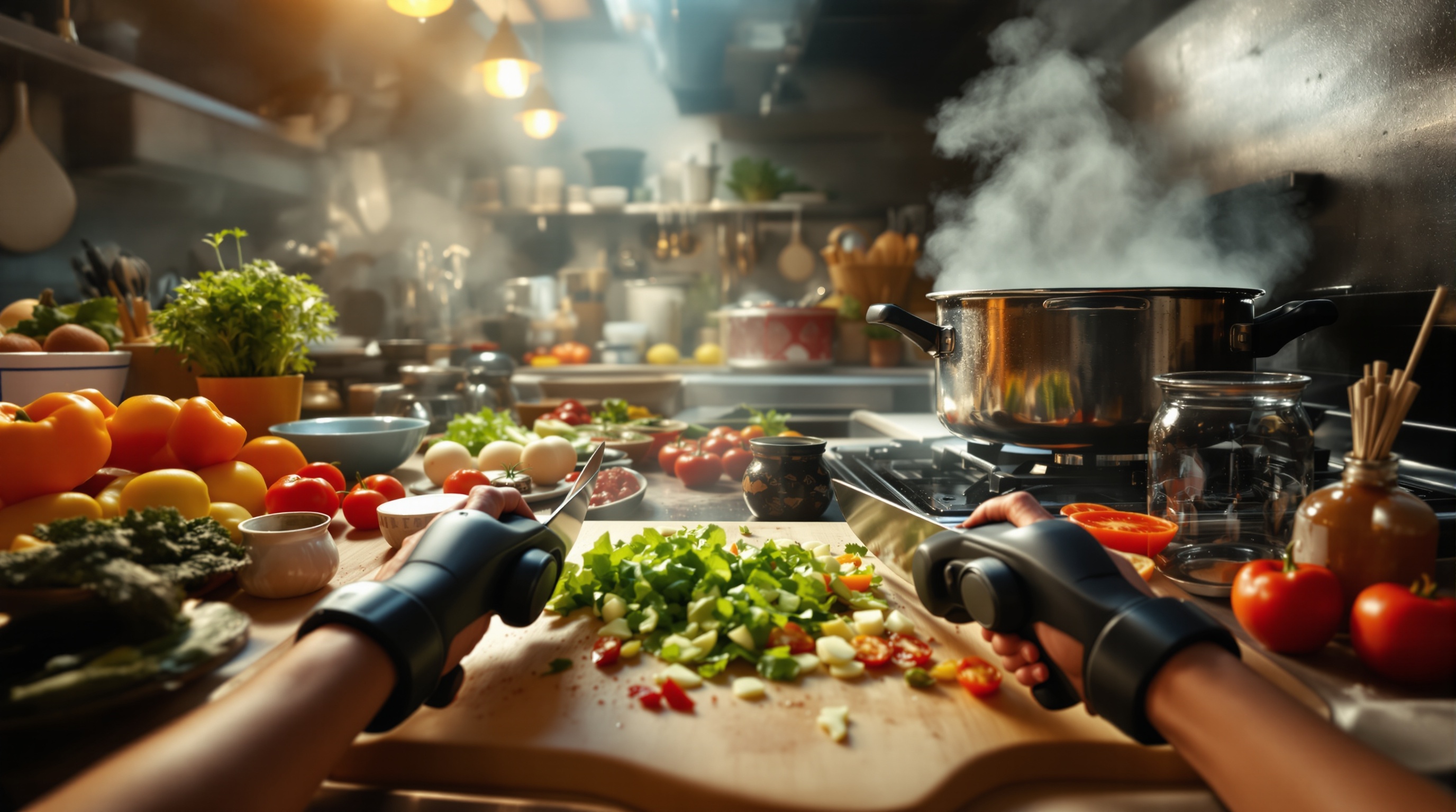Vista detallada de ingredientes y cuchillos en Cooking Simulator VR