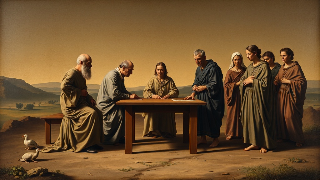 Allegorical tableau of two figures in discussion