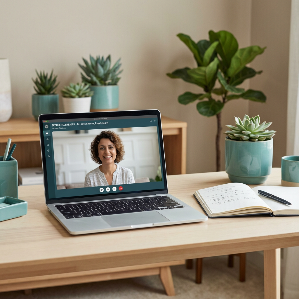 Contemporary photorealistic image of a clinician’s workspace, laptop showing a smiling therapist on a secure telehealth pl...