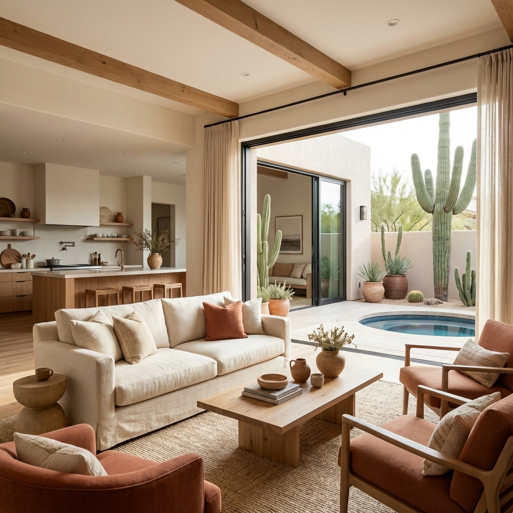 A photorealistic interior shot of a luxury Scottsdale living room opening onto a private courtyard, modern desert decor, n...