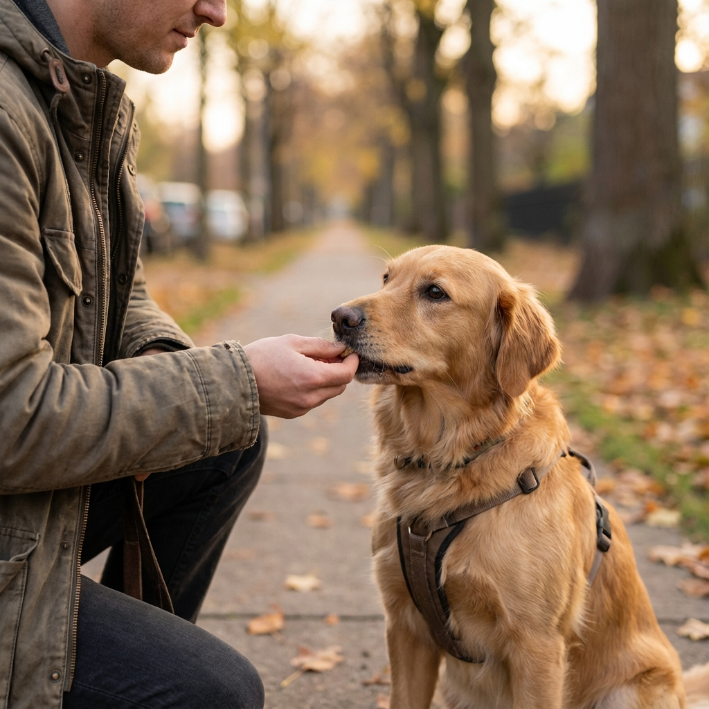 Photorealistic in-content photo of a calm training moment, owner rewarding a medium dog with a treat on a quiet sidewalk, ...