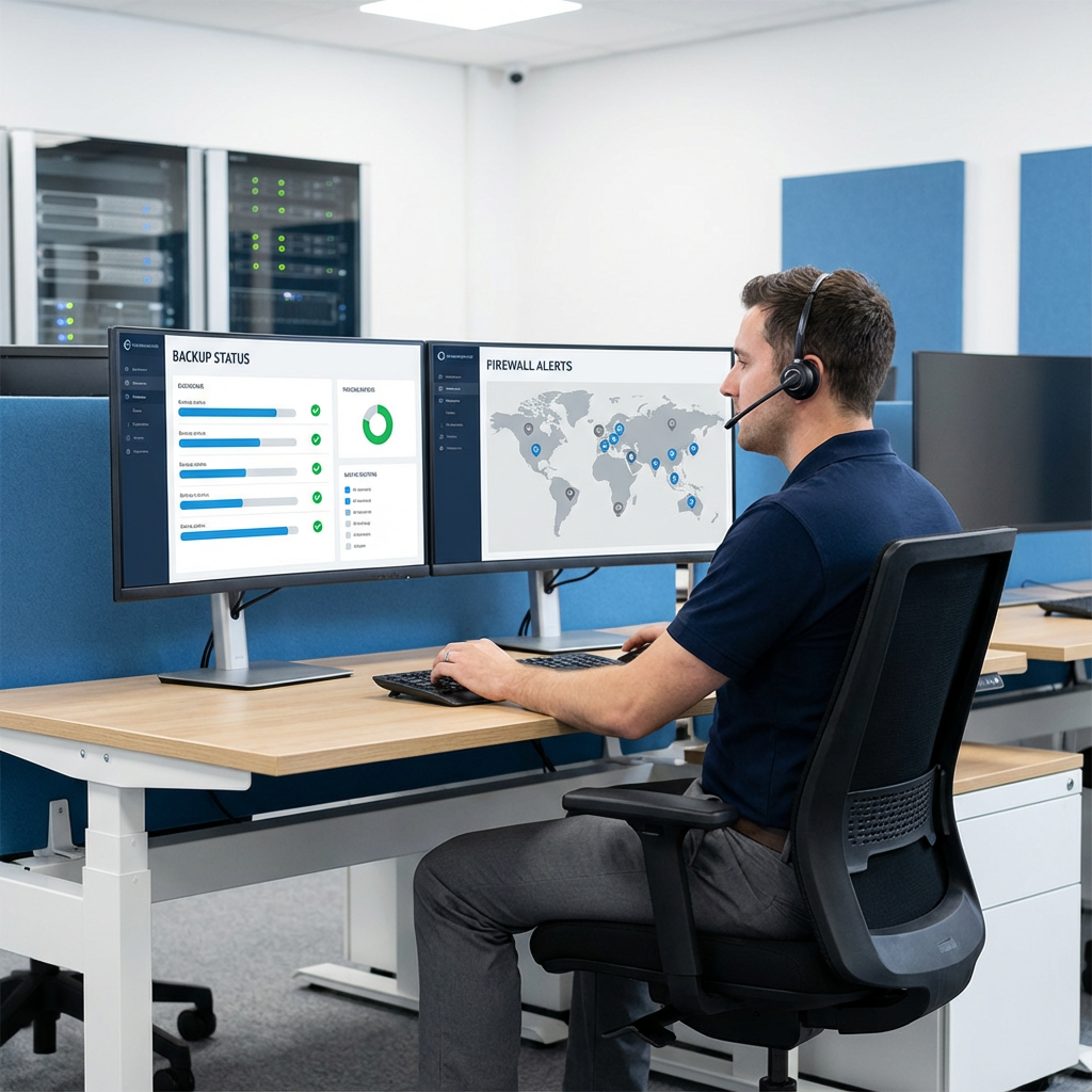Photorealistic mid-shot inside a small business IT operations room, modern technician reviewing dual-monitor dashboards sh...