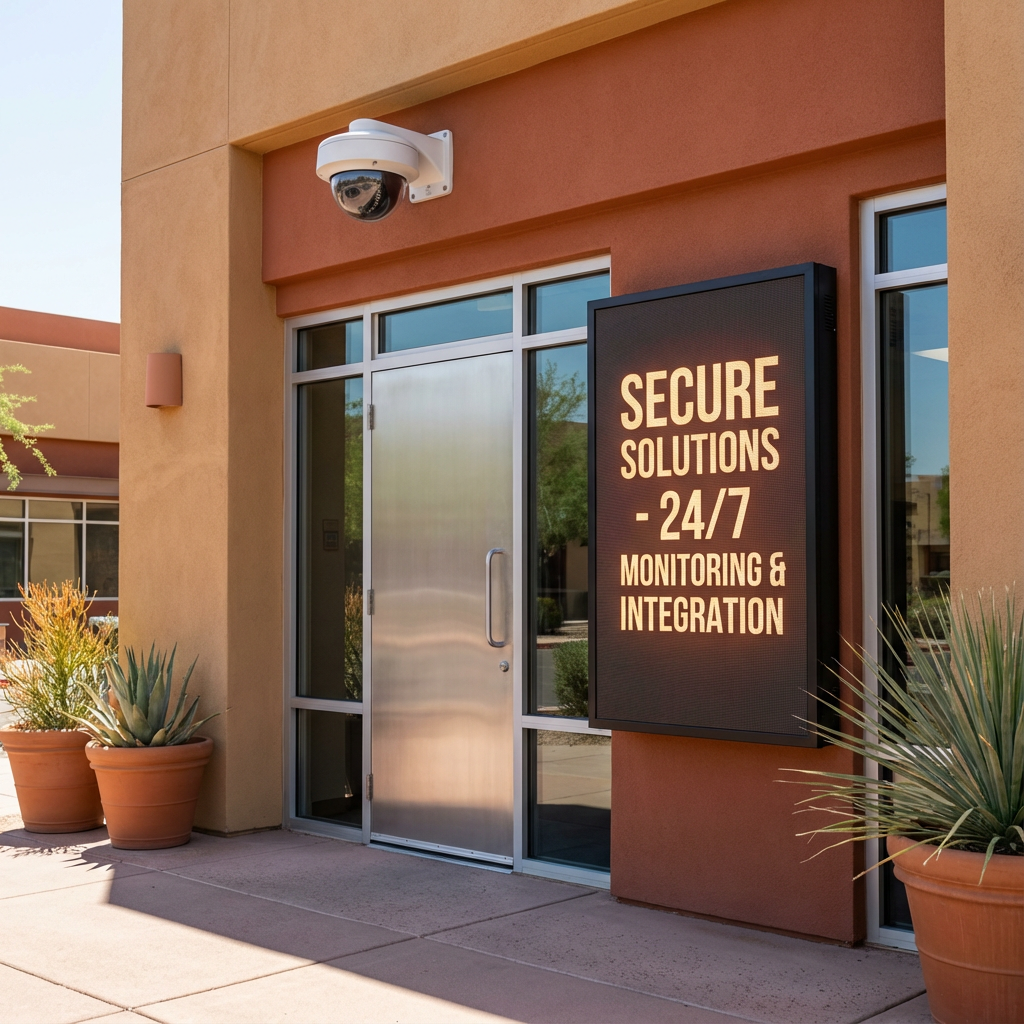 Network System Solutions | Managed IT Services Phoenix for Small Business | Trusted MSP Photorealistic, in-context photo of a small Phoenix office storefront with visible security camera and digital signage scr...