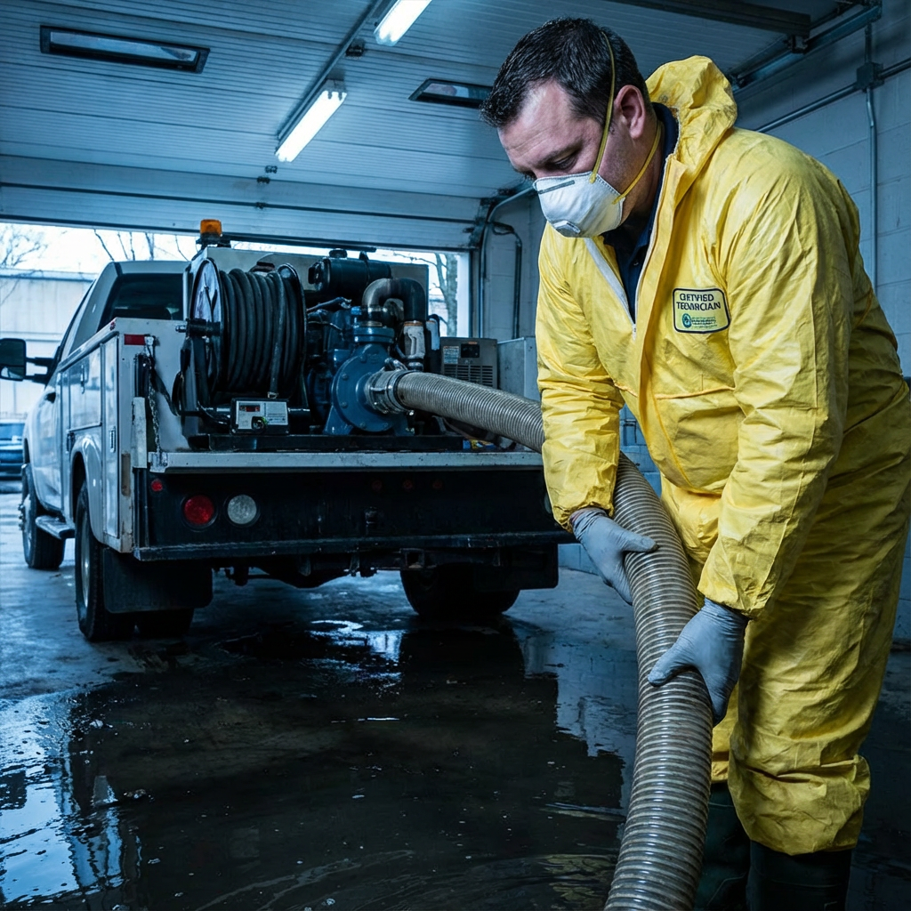 Close-up photorealistic image of a certified technician wearing protective gear, using a truck-mounted pump to extract dar...