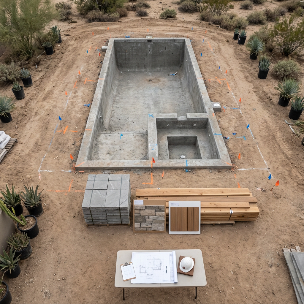 A photorealistic mid-project overhead shot showing pool geometry, built-in spa, and hardscape layout, with design flags an...