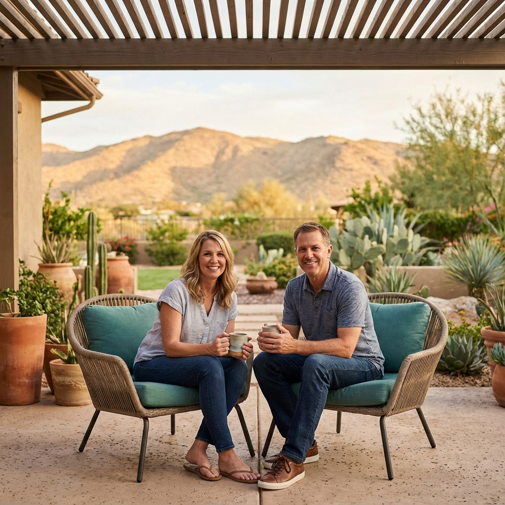 Mid-article photorealistic scene of a couple enjoying coffee on a shaded patio overlooking a desert garden and distant mou...