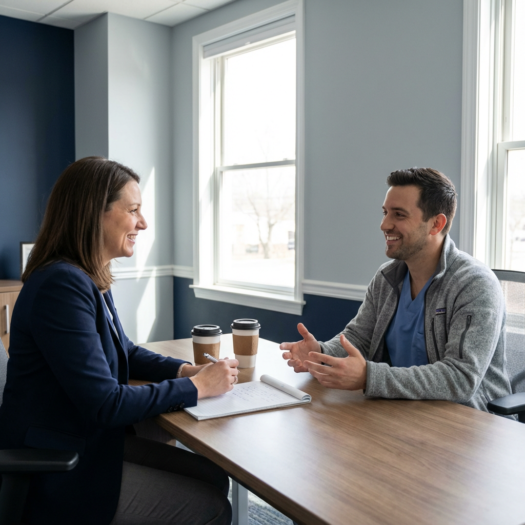 Medium-close photorealistic image of a hiring manager and clinician interviewing in a bright office. Composition shows a c...