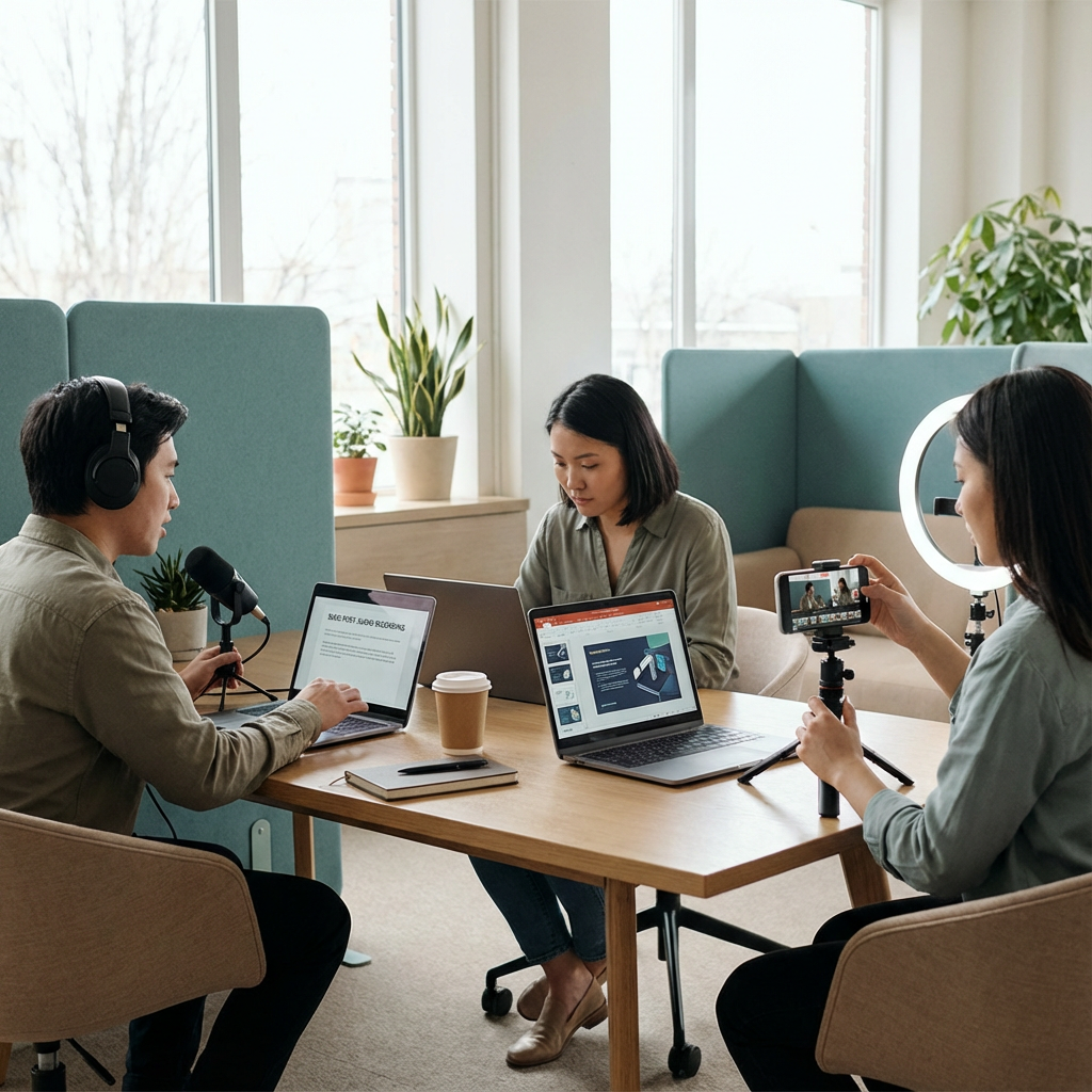 Photorealistic mid-article scene showing a small team in a modern office turning a single blog post into multiple assets: ...