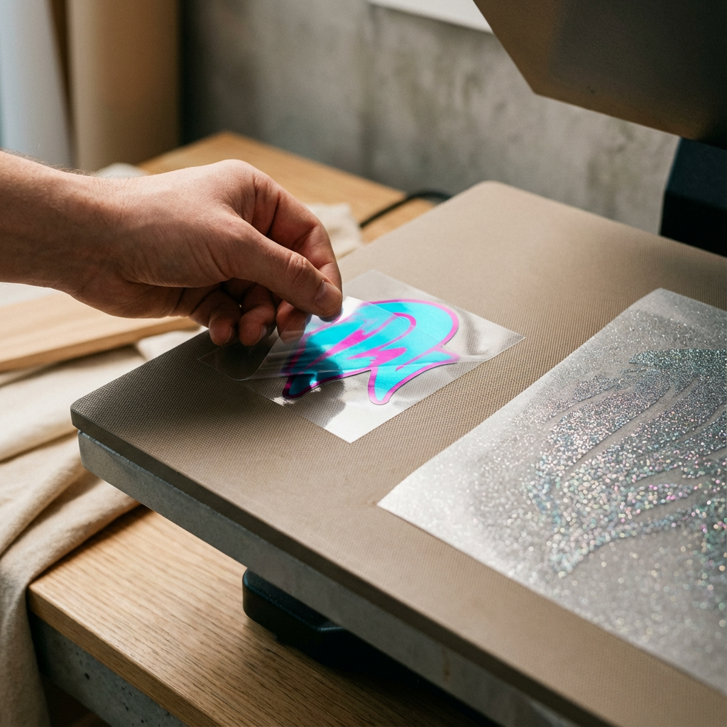 Close-up photorealistic shot of a hand peeling a glossy UV DTF sticker from its backing next to a glitter DTF transfer on ...