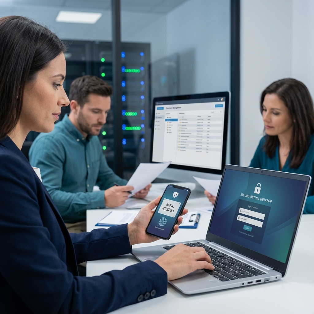 Photorealistic in-content image of a small legal team using secure virtual desktops in an office, showing a user logging i...