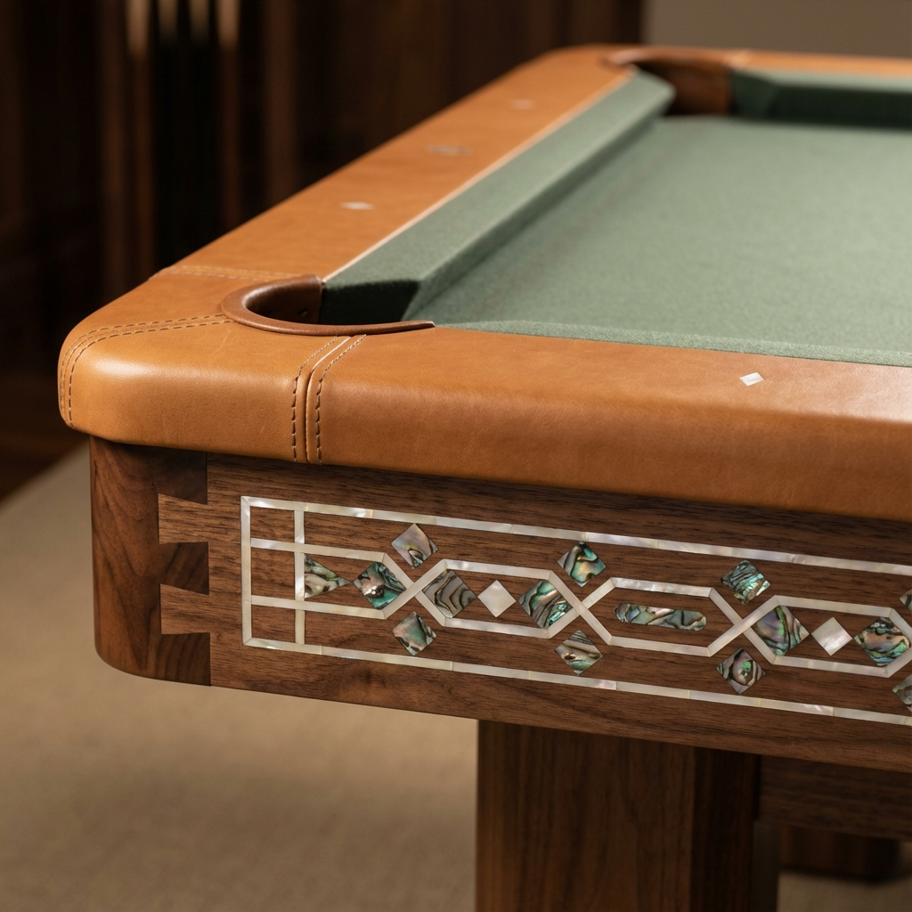 Photorealistic mid-shot of a handcrafted billiard table corner showing premium materials: leather-wrapped rails, a rich wa...