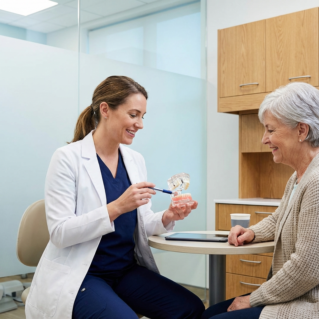 A photorealistic, close-up consult scene showing a female dentist (American, professional attire) explaining a model impla...
