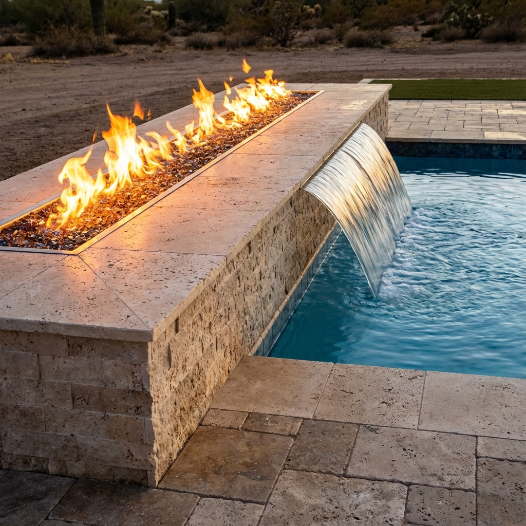 Close-up photorealistic render of a modern pool edge where a low-profile linear fire trough parallels a sheet waterfall. P...