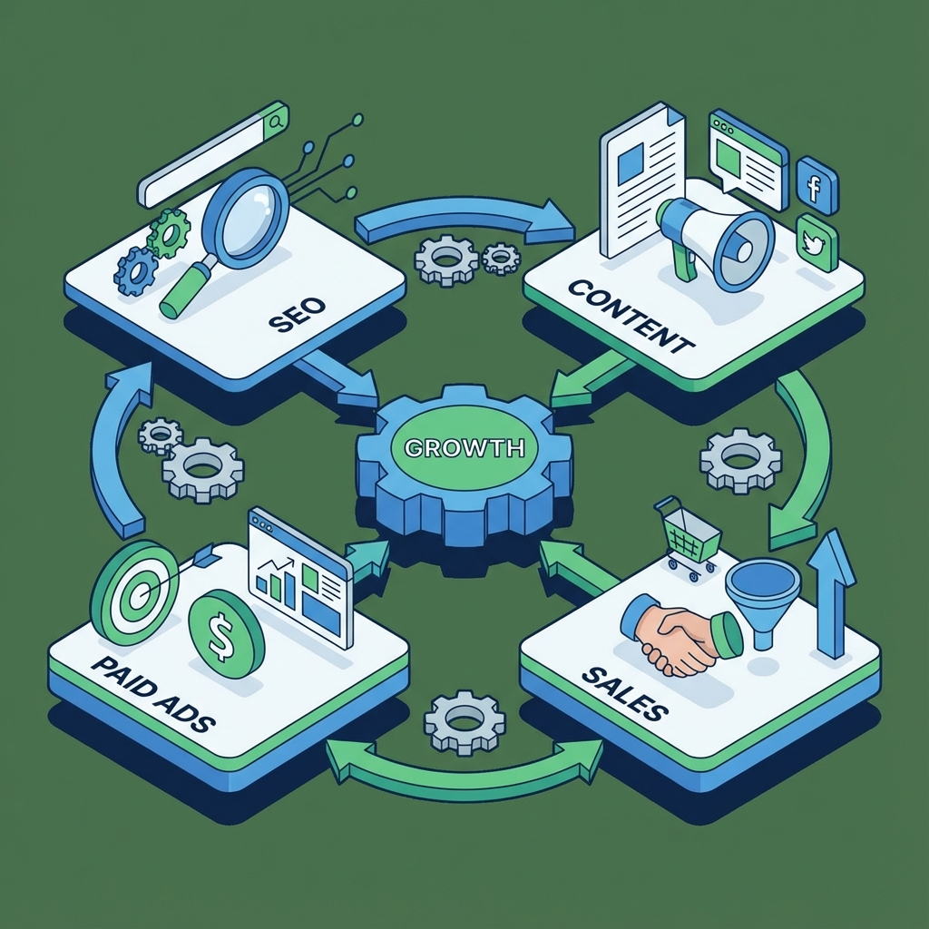 B2B Digital Marketing Strategy for Professional Services Now 2 Isometric illustration of a modern marketing engine with SEO, content, paid ads, and sales aligned. Modern flat-3D style, ...