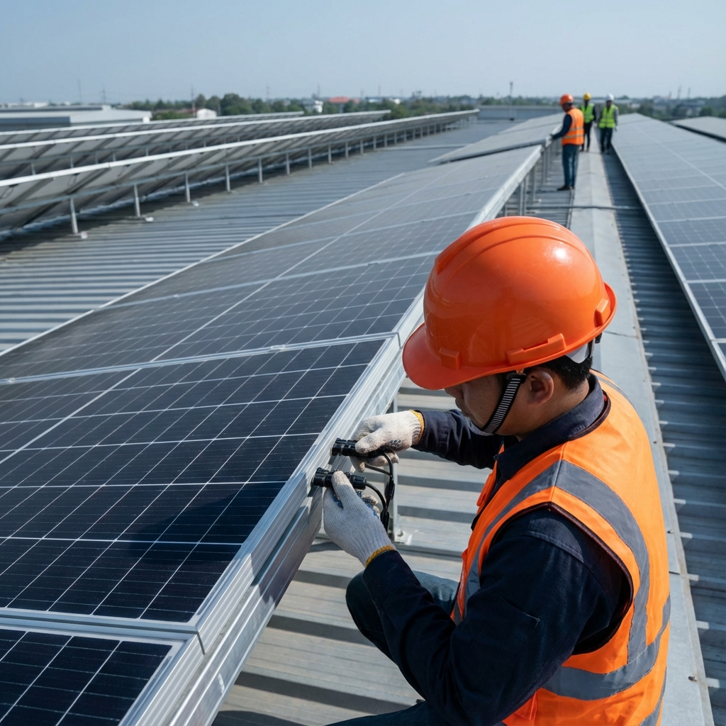Independent Solar | commercial solar maintenance costs arizona, Average 10-Year Costs Photorealistic mid-content photo of a trained technician inspecting module connectors on a commercial rooftop, close-up co...
