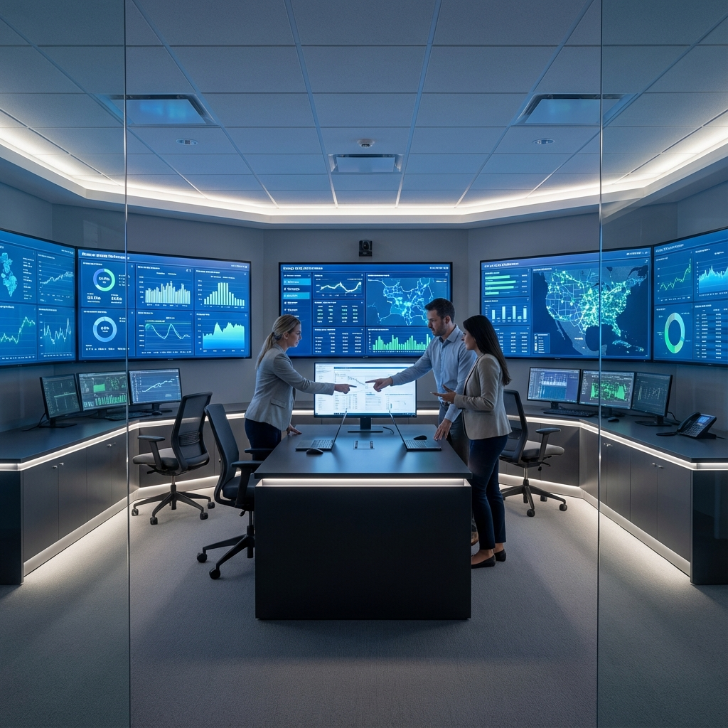 Independent Solar | commercial solar maintenance costs arizona, Average 10-Year Costs Clean, photorealistic scene showing a commercial energy control room with monitoring dashboards on screens, team reviewing...