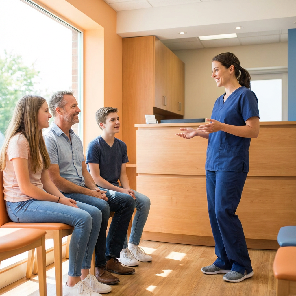 A bright, photorealistic mid-shot of a smiling female dentist speaking with a middle-aged American family in a modern rece...