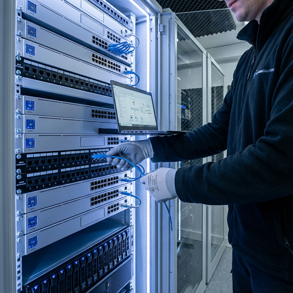 Photorealistic image of a technician configuring a network rack in a compact office server room, close-up on cables and ha...