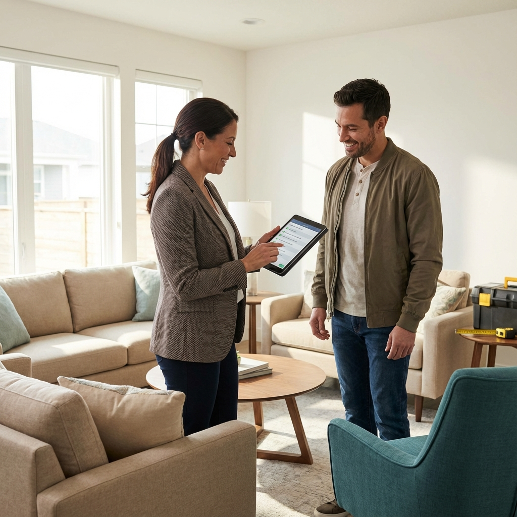 Photorealistic mid-shot of a property manager and a tenant doing a move-in walkthrough inside a bright living room. Profes...