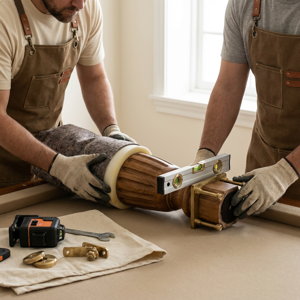 Photorealistic close-up of installation technicians unwrapping a custom pool table leg and checking level with professiona...