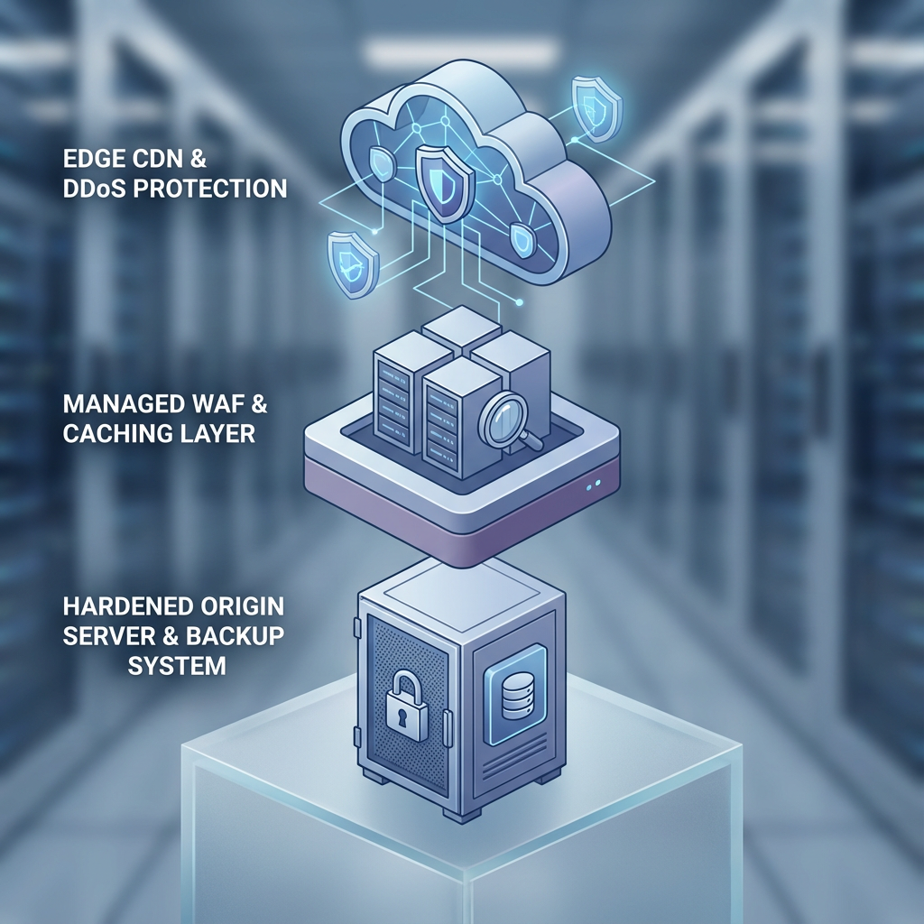 A clean isometric-style photorealistic render of layered security for a WordPress site: edge CDN and DDoS scrubbing at the...