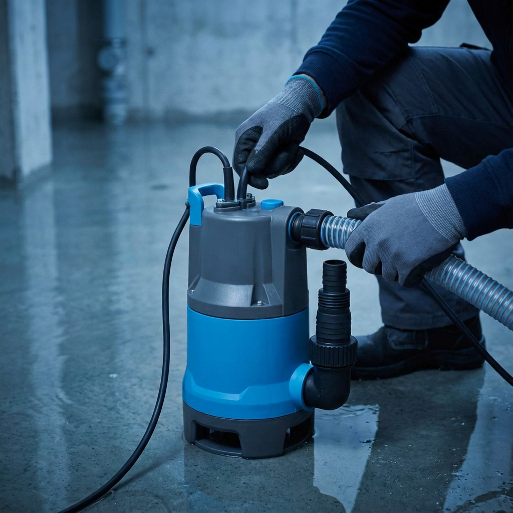 Close-up photorealistic shot of a technician setting up a portable high-capacity pump in a flooded basement, focused compo...