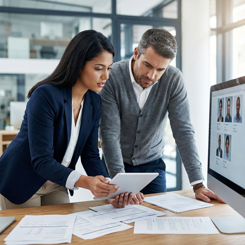 Close-up photorealistic scene of a recruiter and a clinical director reviewing candidate profiles at a modern desk, profes...