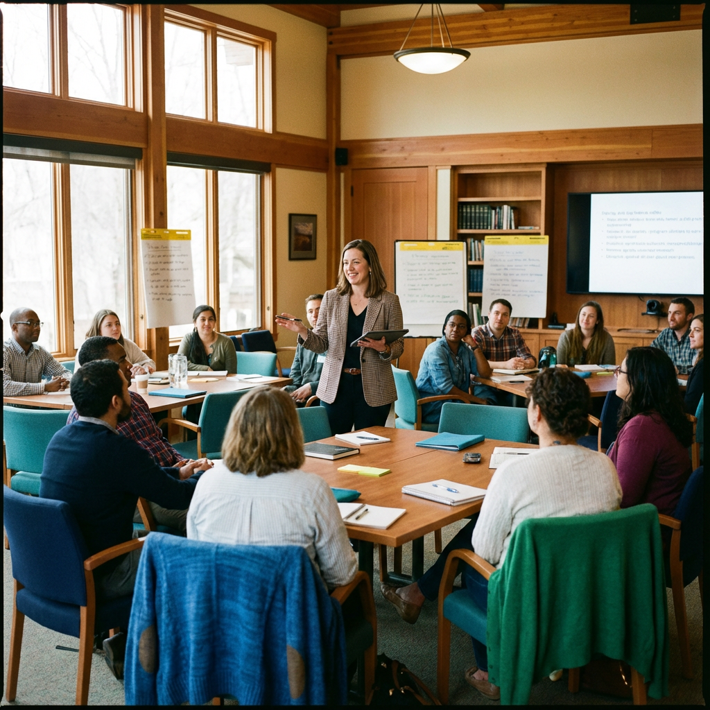 Stylized photorealistic image of a program director leading a staff training session in a bright conference room, collabor...