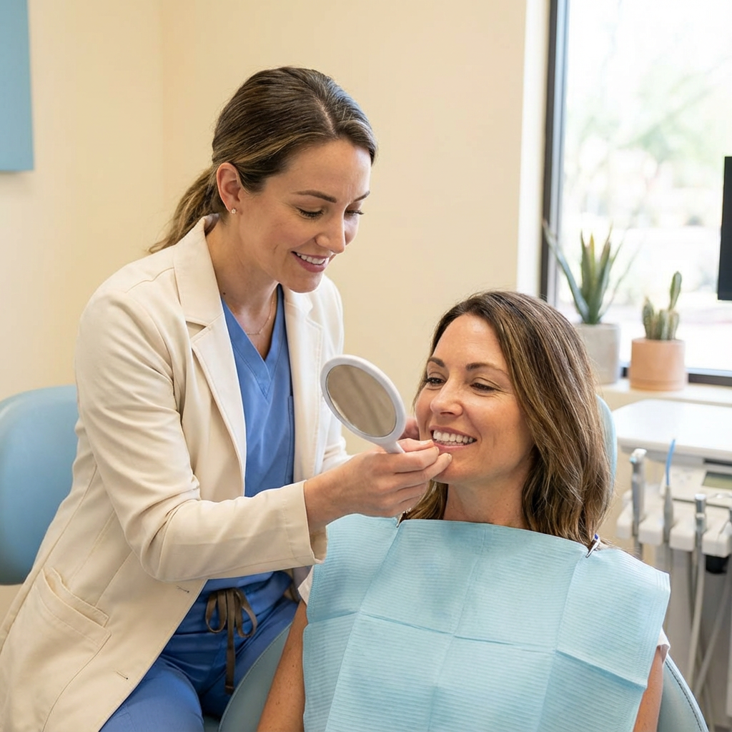 Close-up, photorealistic portrait of a female cosmetic dentist gently examining a smiling adult patient in a modern Scotts...