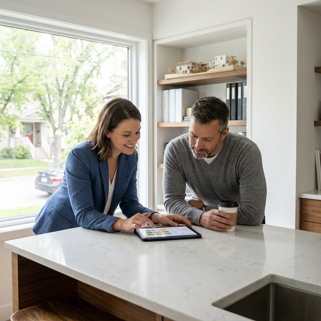Photorealistic mid-page image of a property manager meeting with an owner at a kitchen island, reviewing occupancy calenda...