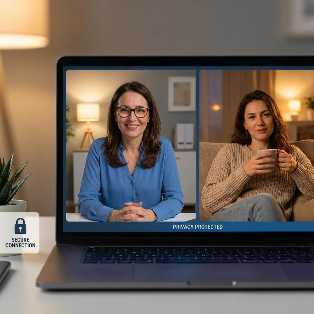 Photorealistic close-up of a therapist and client on a secure telehealth video call, split-screen composition. Clean, prof...
