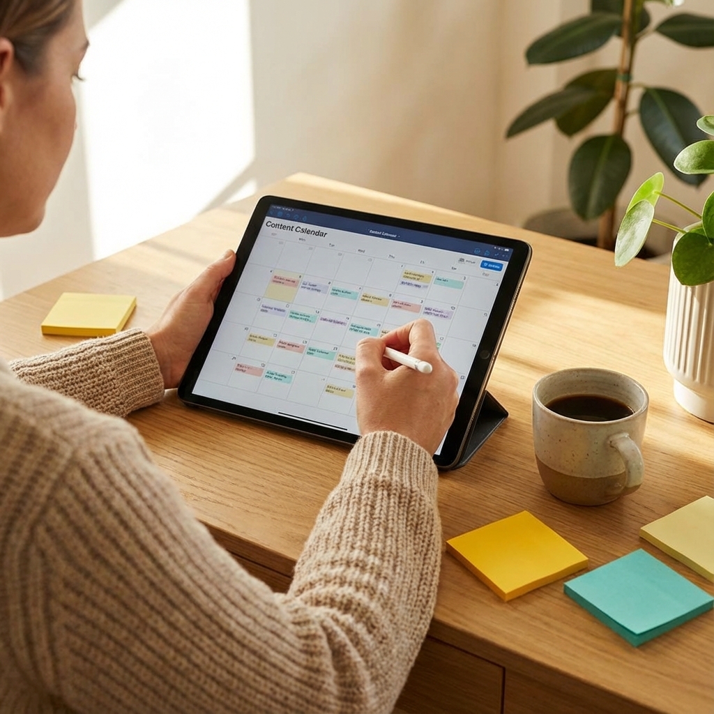 Photorealistic mid-shot of a marketer repurposing content on a tablet, with sticky notes, a coffee cup, and a minimalist d...