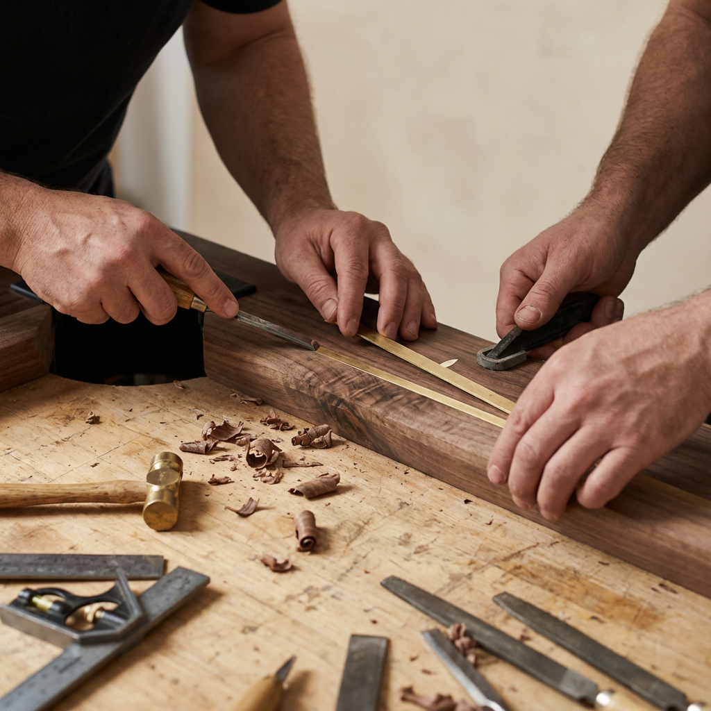Close-up photorealistic view of skilled craftsmen carving and assembling a pool table rail, photorealistic, professional a...