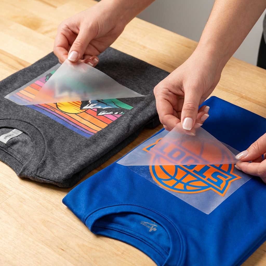 Close-up photorealistic shot of two hands removing a cold-peel DTF film from a cotton tee and a polyester performance shir...