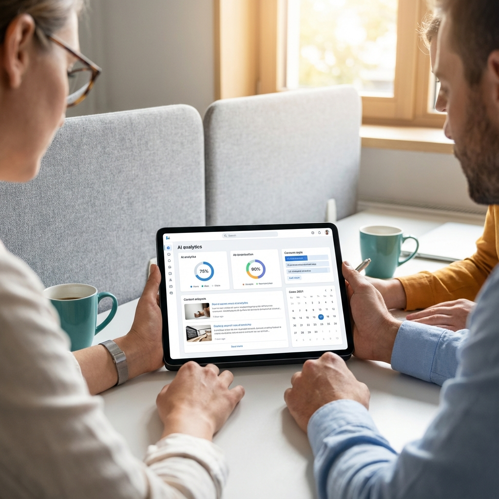 Close-up photorealistic scene of a small team reviewing AI-generated content on a tablet, showing dashboards, snippet prev...