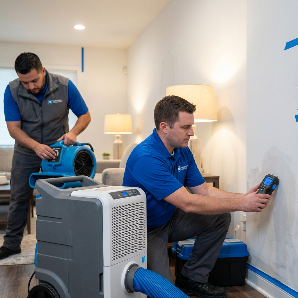 Photorealistic in-content shot of technicians using commercial dehumidifiers and air movers inside a living room, close-up...