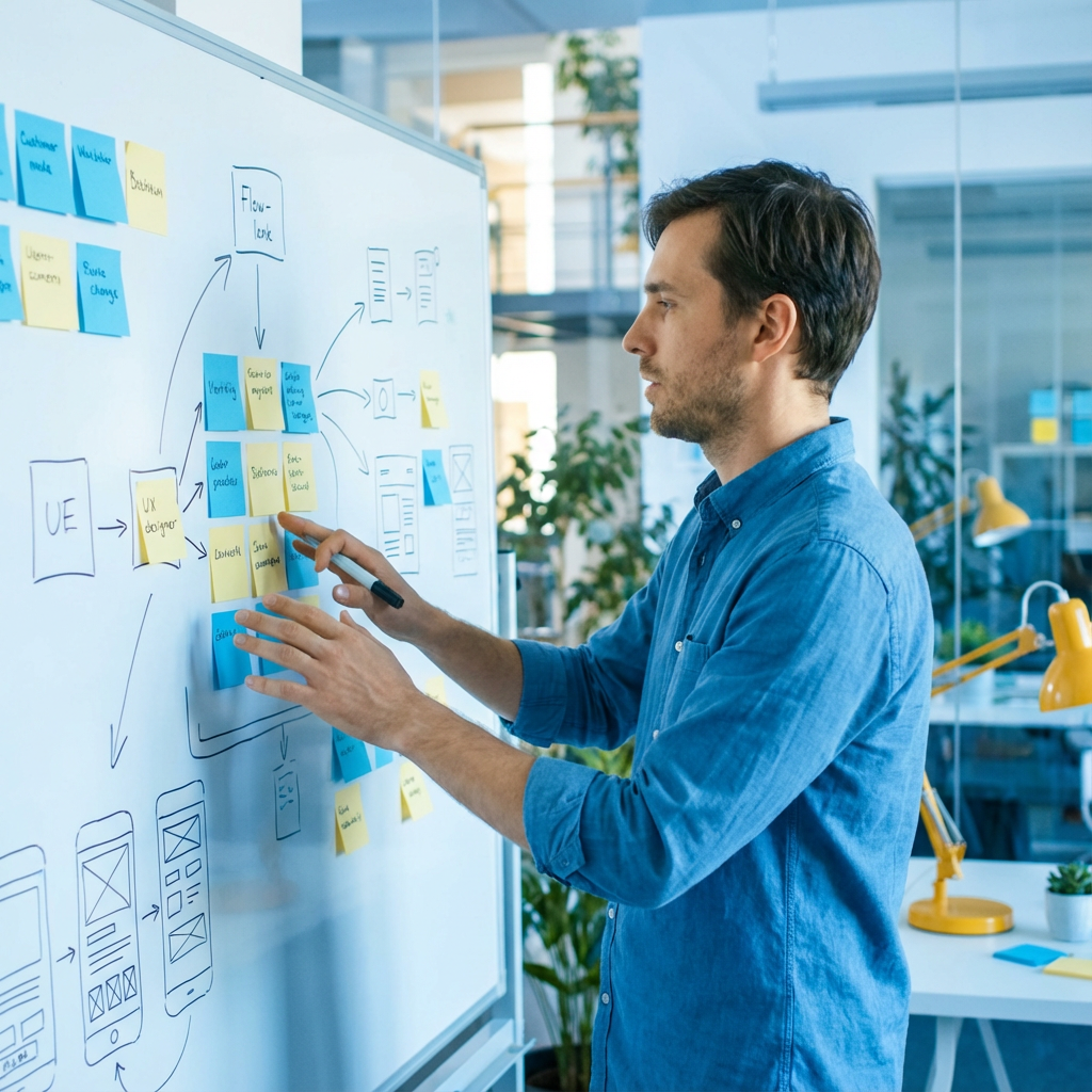 Website Redesign Process for Established Brands: 5 Key Steps 1 Photorealistic mid-shot of a UX designer mapping content on a whiteboard with sticky notes and site architecture sketches,...