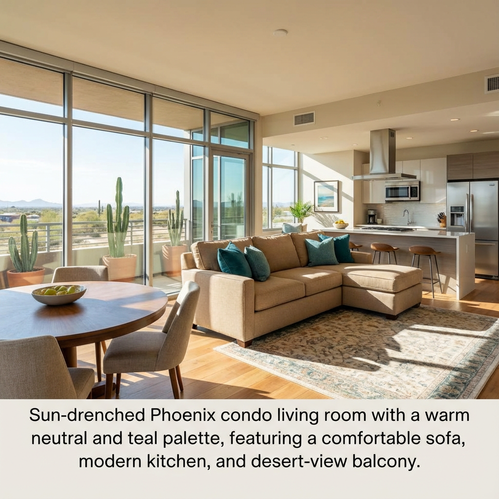 Photorealistic mid-article image of a bright, modern furnished living room in a Phoenix condo: wide-angle view showing sof...
