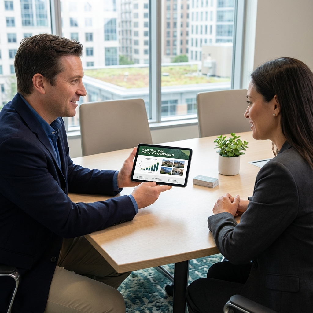 Photorealistic close-up of a commercial property owner meeting with a solar dealer inside a modern office, the dealer show...