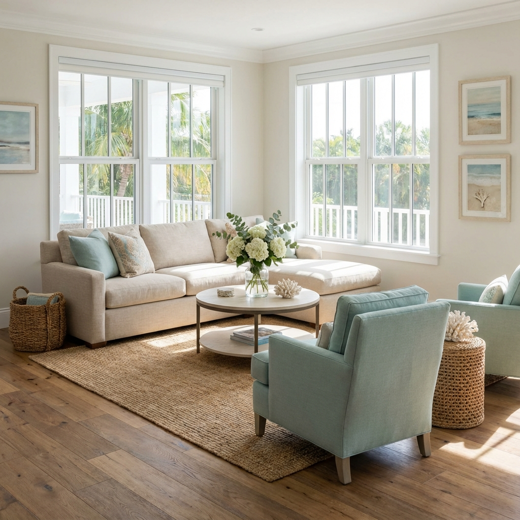 High-resolution photorealistic interior showing a staged Fort Lauderdale living room, neutral decor, fresh flowers, bright...